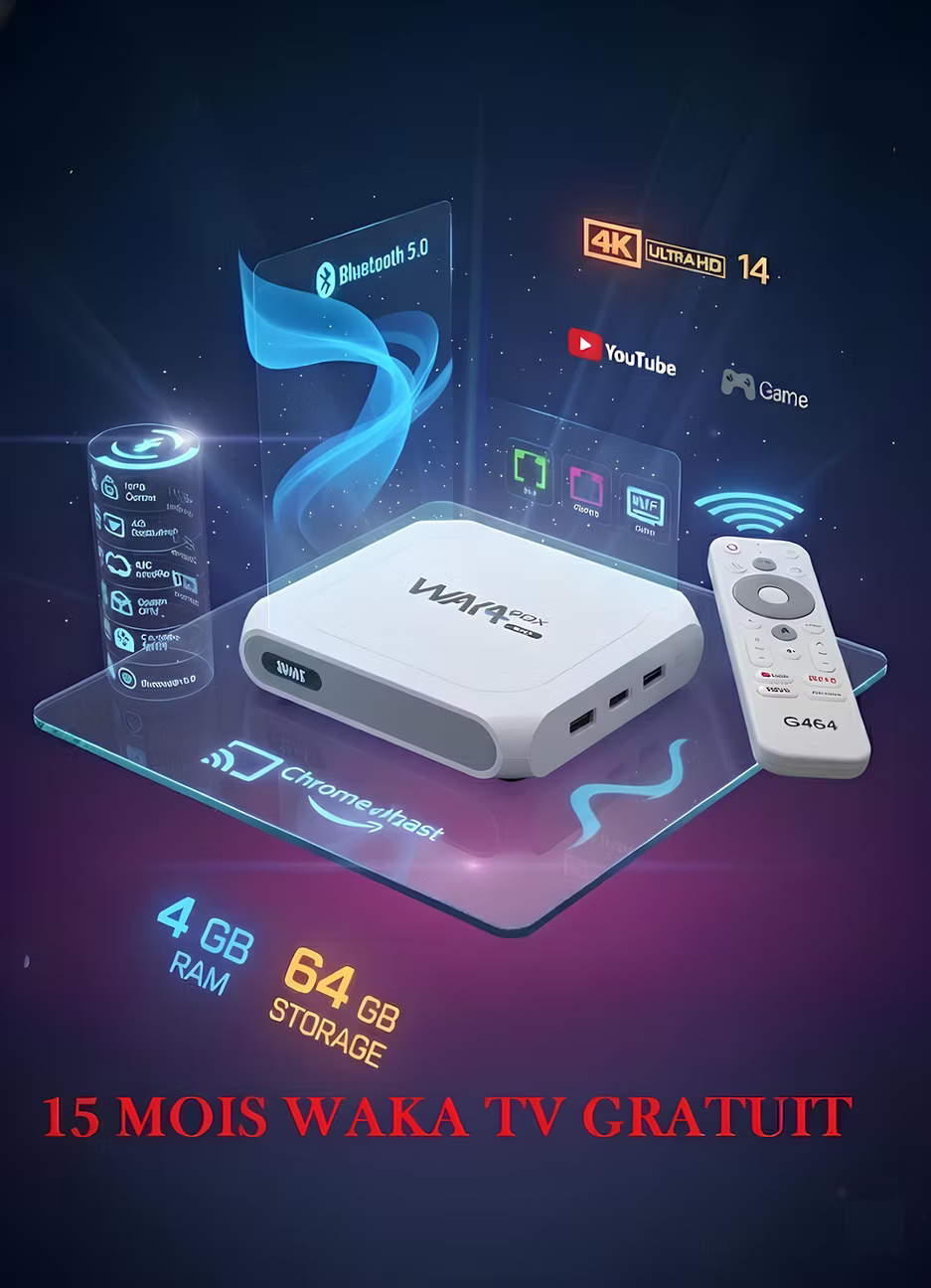 WAKA BOX G4 Box Android TV Puissant + 15 Mois Waka TV Inclus