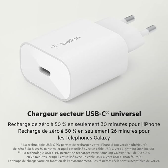 Chargeur Rapide Secteur Belkin USB-C 25W - Blanc