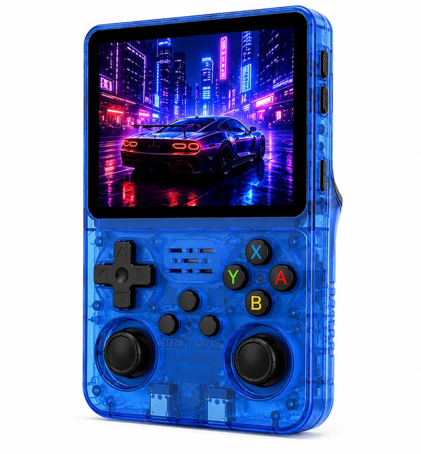 Console rétro portable QIOP R36S bleue avec écran IPS et milliers de jeux rétro