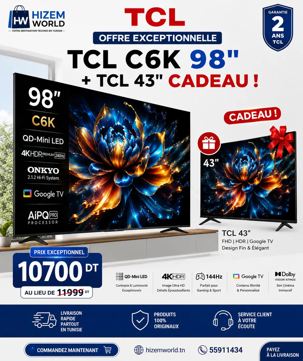 TV TCL 98C6K, écran géant 98 pouces Ultra HD Hizem World