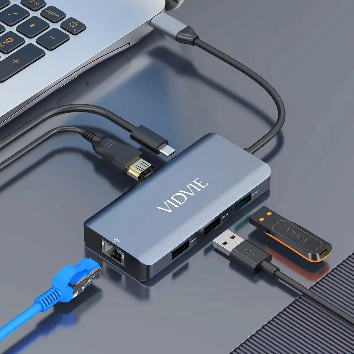 Hub USB-C VIDVIE HUB01 6 en 1 – HDMI 4K, USB 3.0, RJ45, Power Delivery | Adaptateur Multiport Tunisie Hizem World
