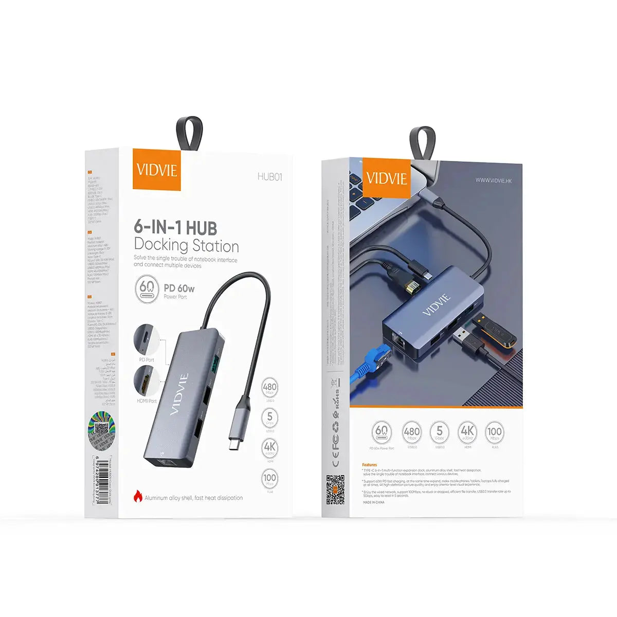 Hub USB-C VIDVIE HUB01 6 en 1 – HDMI 4K, USB 3.0, RJ45, Power Delivery | Adaptateur Multiport Tunisie Hizem World