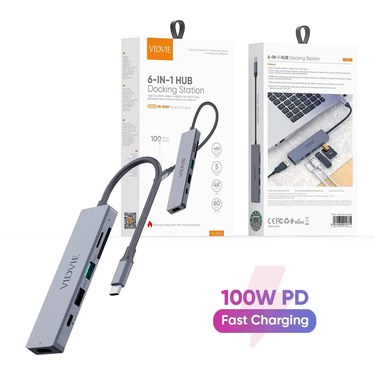 Hub USB-C VIDVIE HUB03 – Station Multiport Compacte HDMI 4K & USB | Prix Tunisie Hizem World