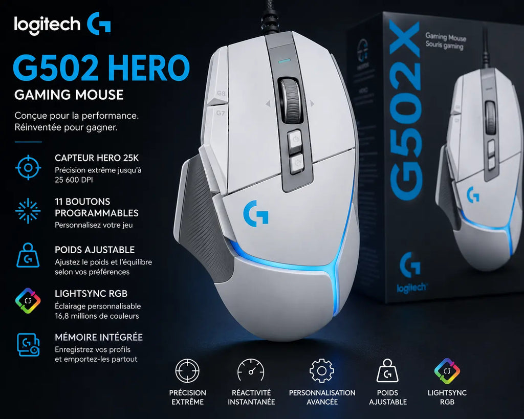 Logitech G502 X Souris Gaming Filaire Ultra Légère | HERO 25K | Tunisie | HizemWorld