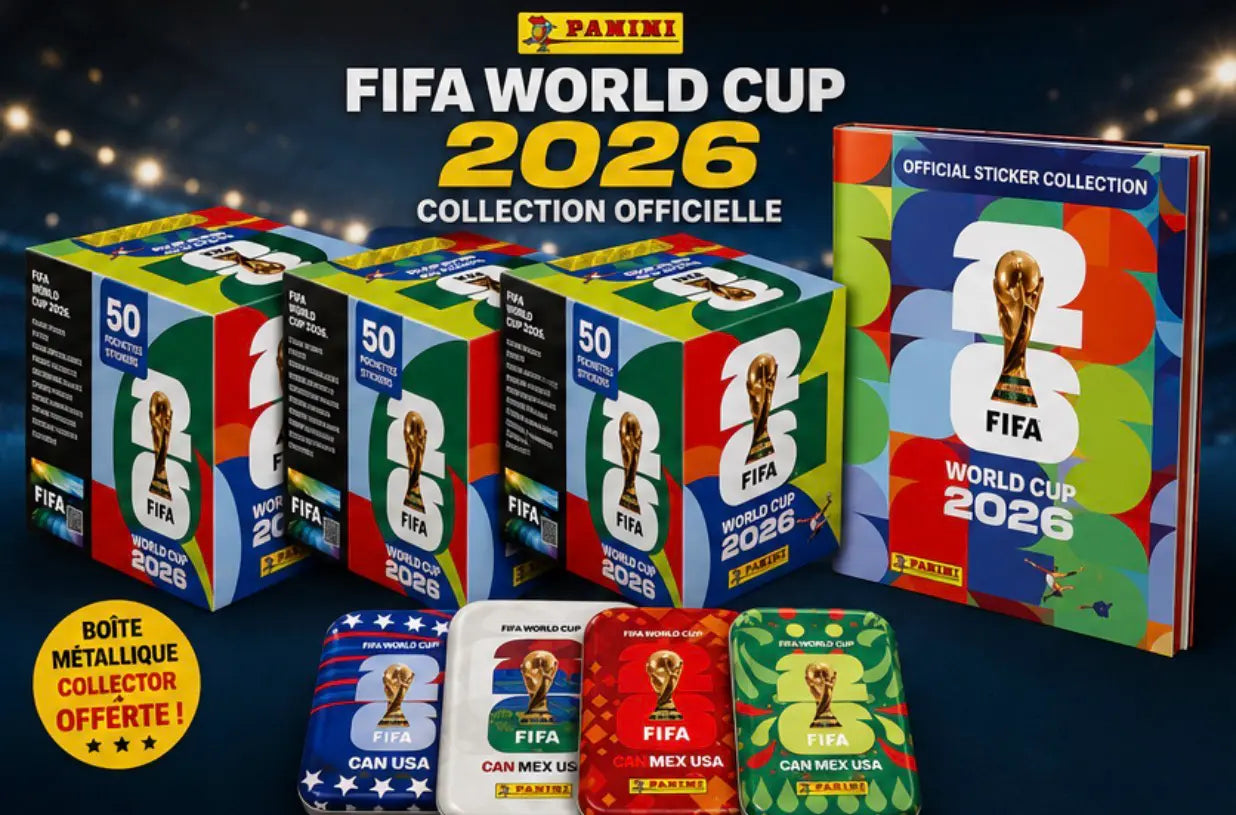 Pack Panini FIFA World Cup 2026 comprenant 3 boîtes de 50 pochettes, l’album officiel et une boîte métallique collector offerte – Hizem World Tunisie