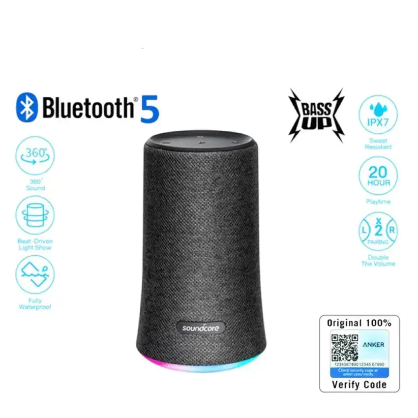 Enceinte Bluetooth Soundcore Flare Plus avec son 360 degrés, basses puissantes et éclairage LED RGB