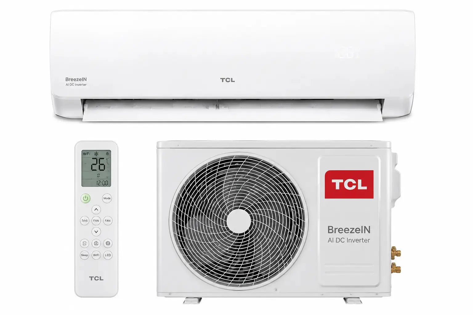 Climatiseur TCL BreezeIN AI Full DC Inverter 24000 BTU Wi-Fi Smart blanc avec refroidissement rapide et économie d’énergie