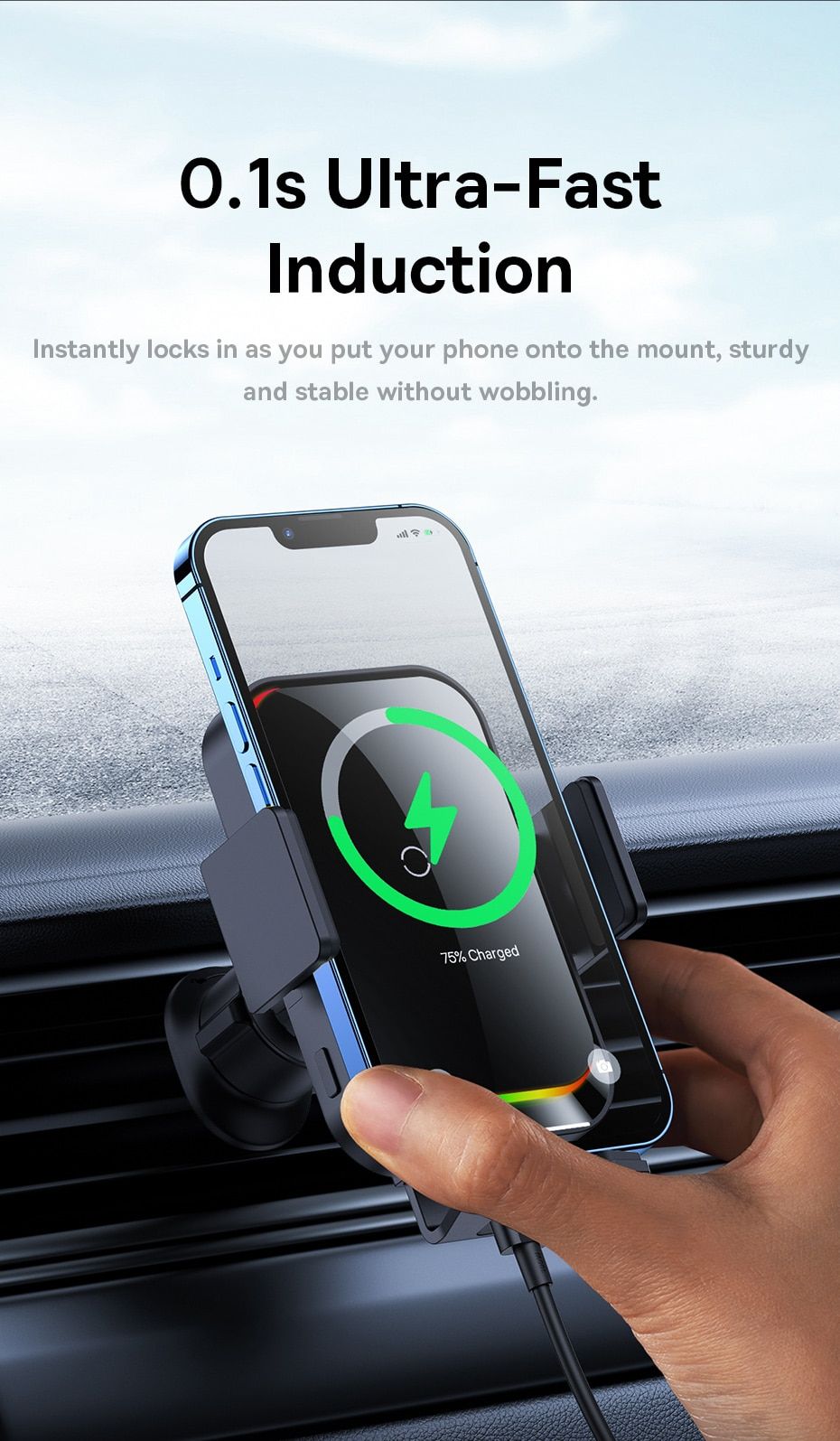 Baseus Halo 15 W – Support voiture avec chargeur sans fil – vue 1