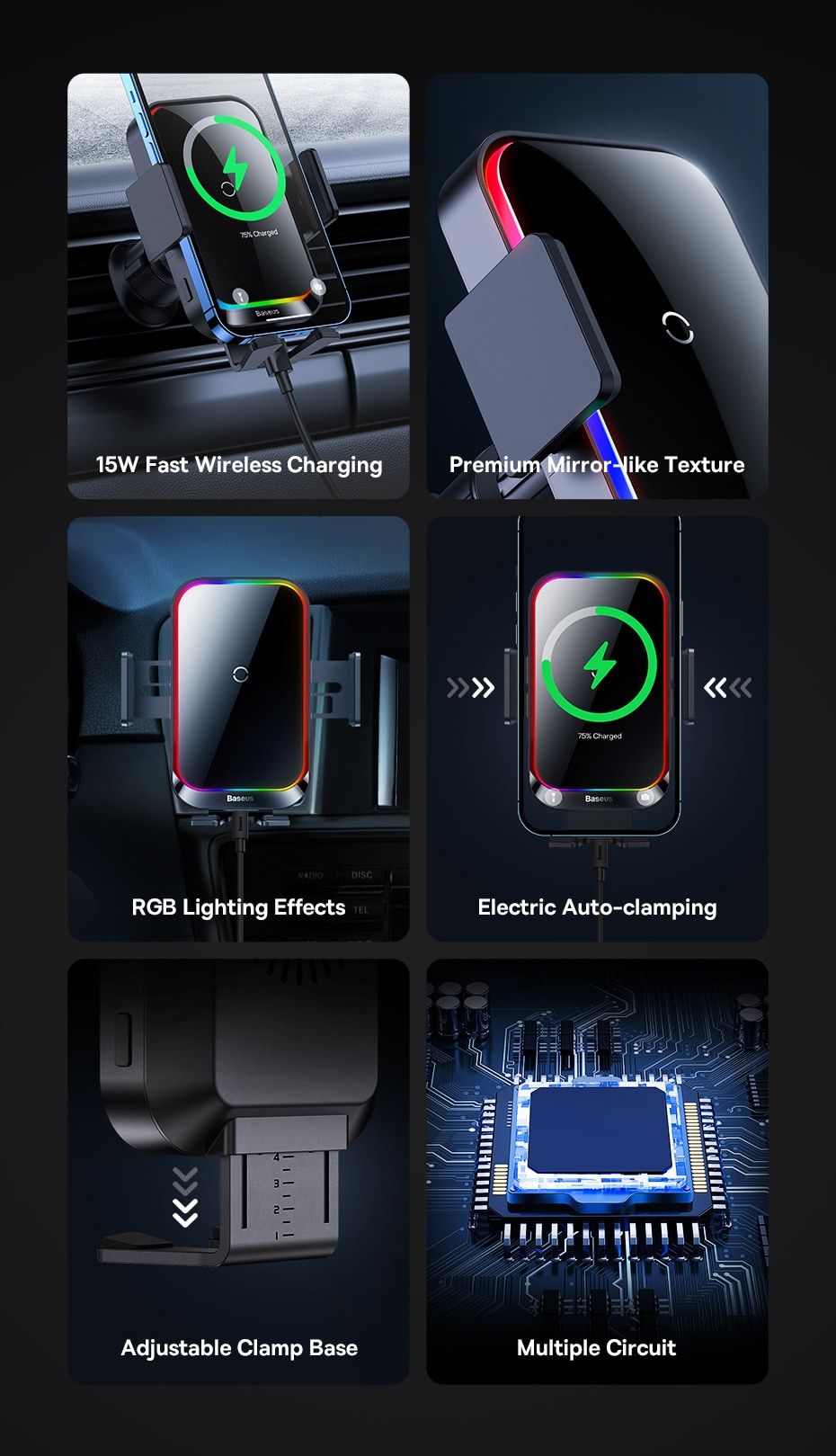 Baseus Halo 15 W – Support voiture avec chargeur sans fil – vue 2