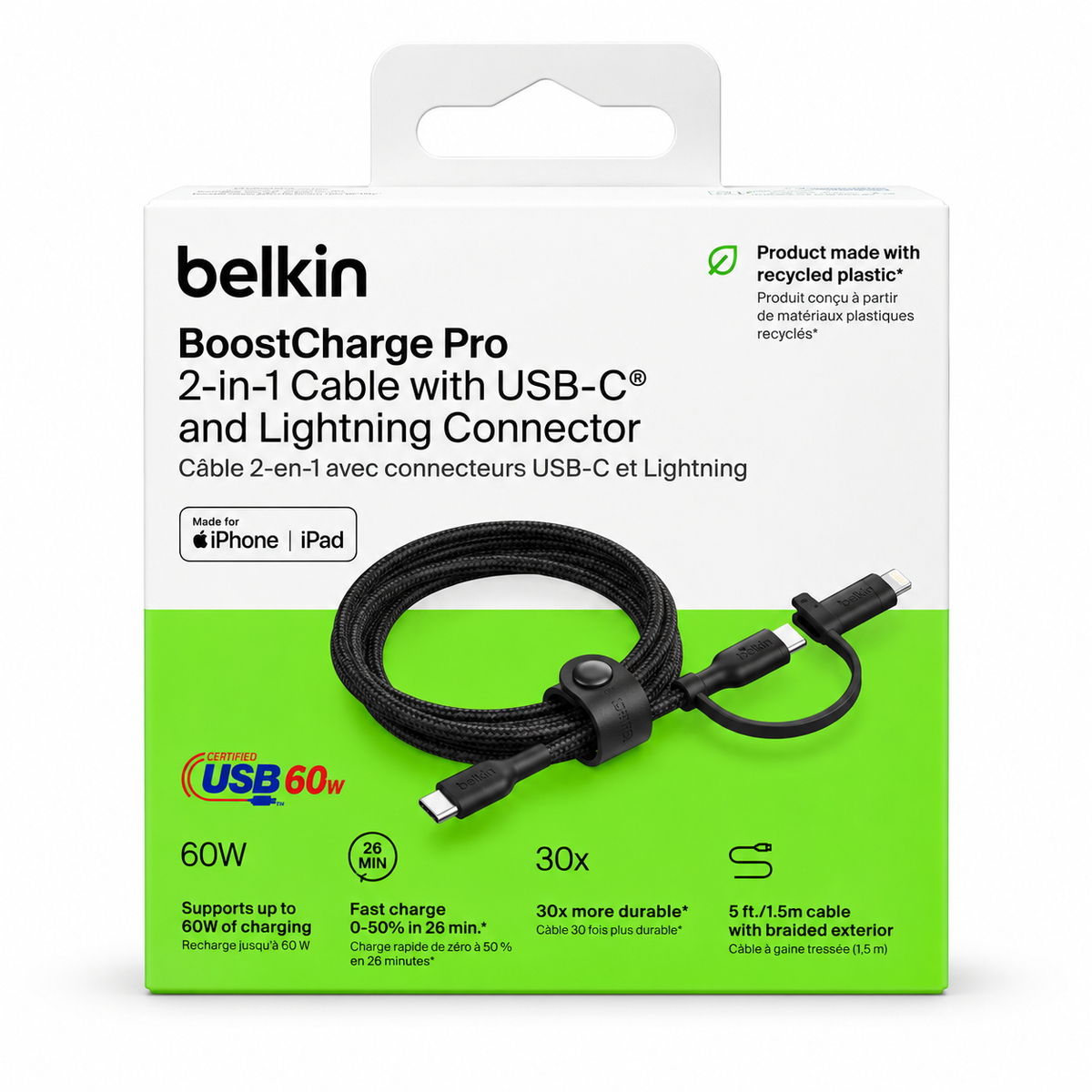 Belkin BoostCharge Pro 2-en-1 USB-C et Lightning 60W 1,5m