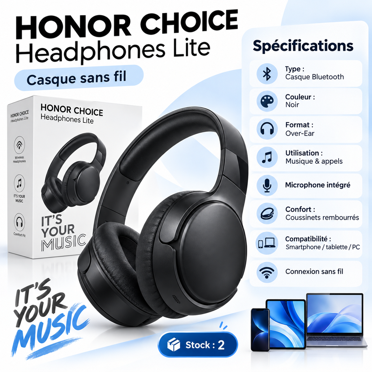 Casque Bluetooth HONOR CHOICE Headphones Lite noir 82 h – vue 3 – Hizem World Tunisie