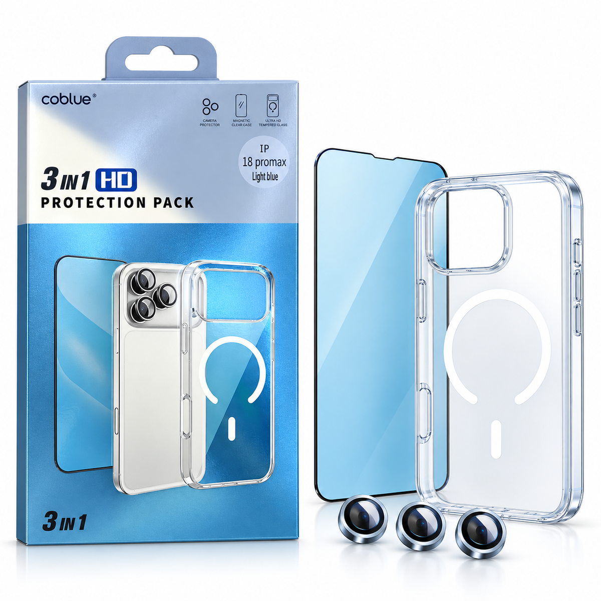 Pack COBLUE 3 en 1 HD pour iPhone 18 Pro Max Light Blue - contenu du pack