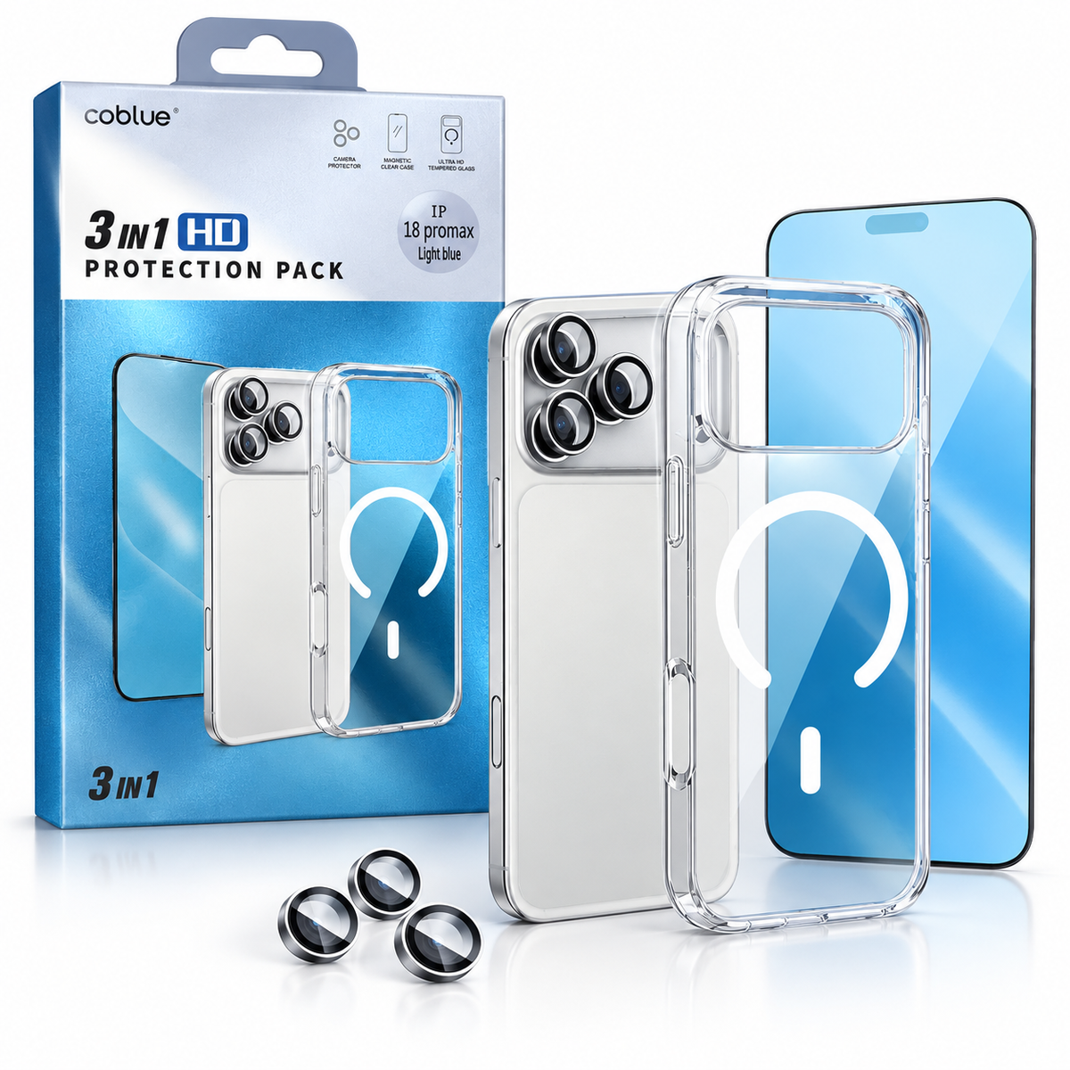 Pack COBLUE 3 en 1 HD pour iPhone 18 Pro Max Light Blue - coque et protections
