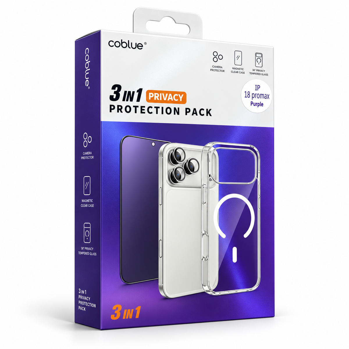Pack COBLUE 3 en 1 Privacy pour iPhone 18 Pro Max - emballage violet