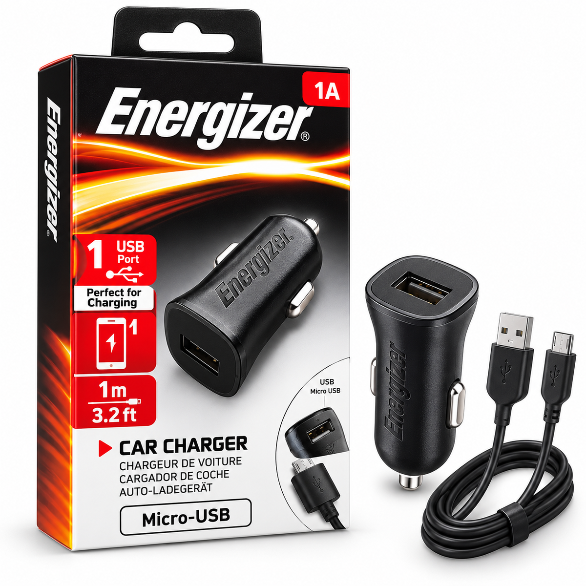 Energizer DCA1ACMC3 chargeur voiture 1A avec câble Micro-USB