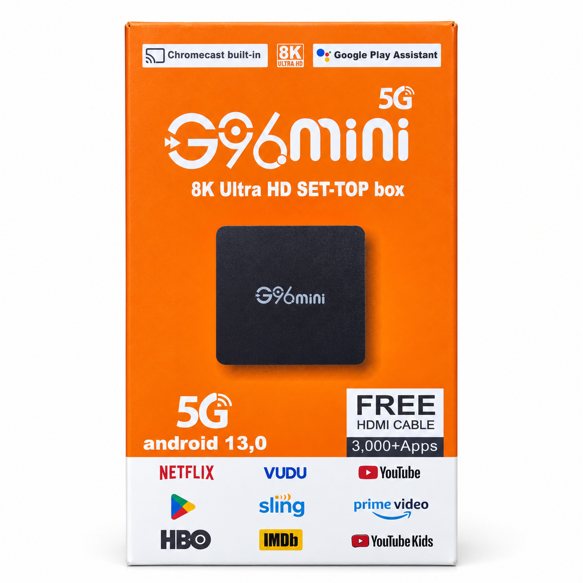 Boîte G96 Mini Android 13 – 2 Go RAM / 16 Go sur fond blanc