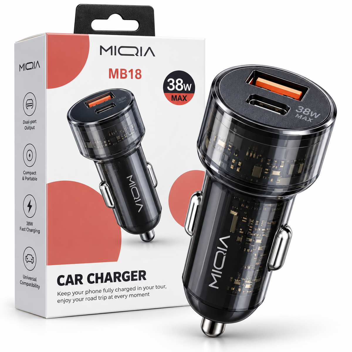 MIQIA MB18 chargeur voiture 38W USB-A USB-C