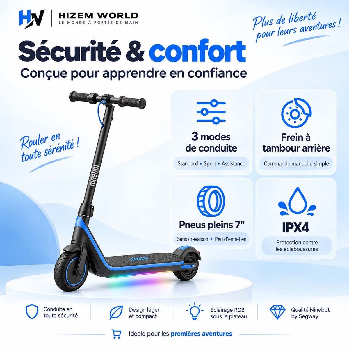 Ninebot C2 Lite sécurité et confort – 3 modes, frein à tambour, pneus pleins 7 pouces, IPX4