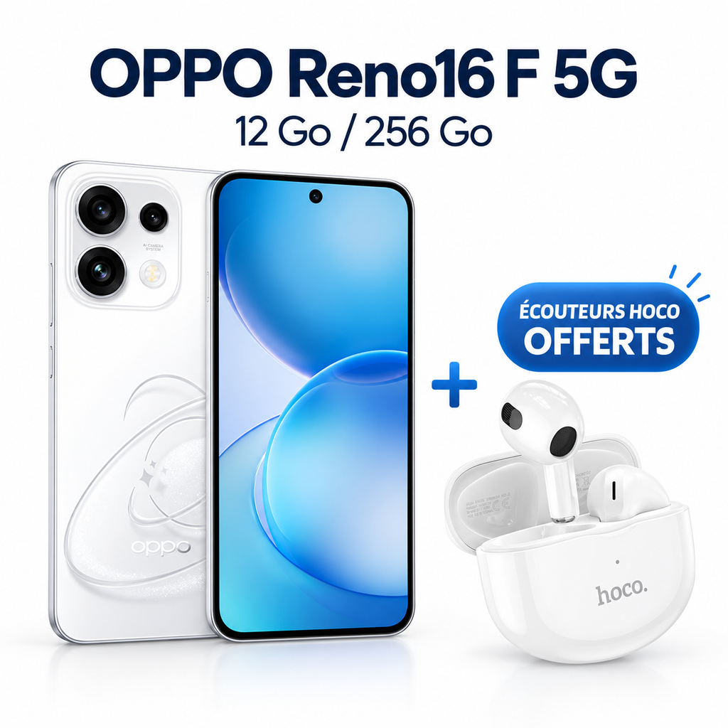 OPPO Reno16 F 5G Pop White 12 Go 256 Go avec écouteurs Hoco offerts