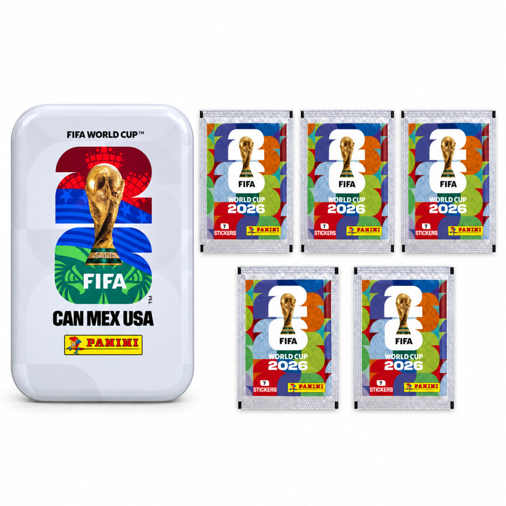 Boîte métallique Panini FIFA 2026 blanche et cinq pochettes incluses