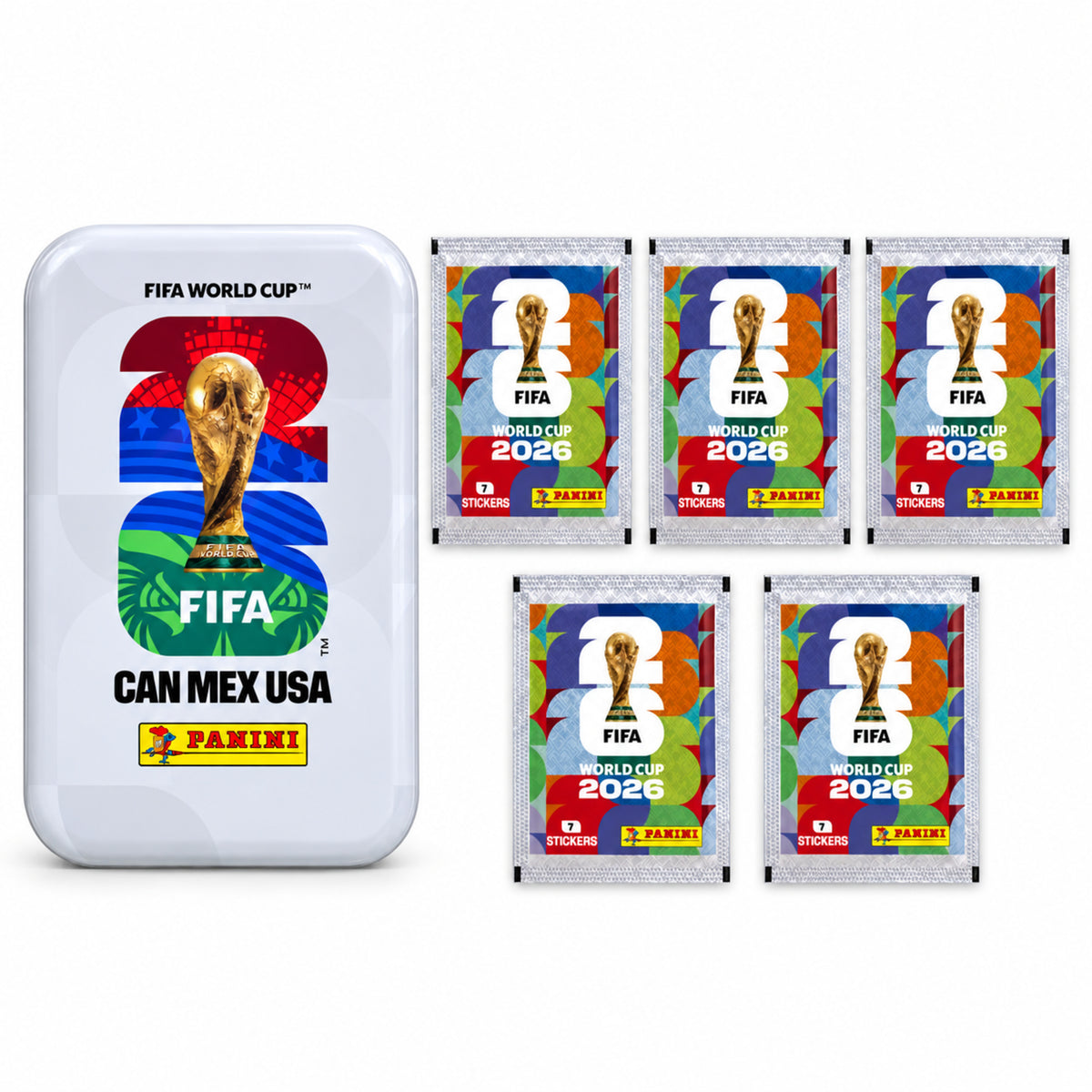 Boîte métallique Panini FIFA 2026 blanche et cinq pochettes incluses
