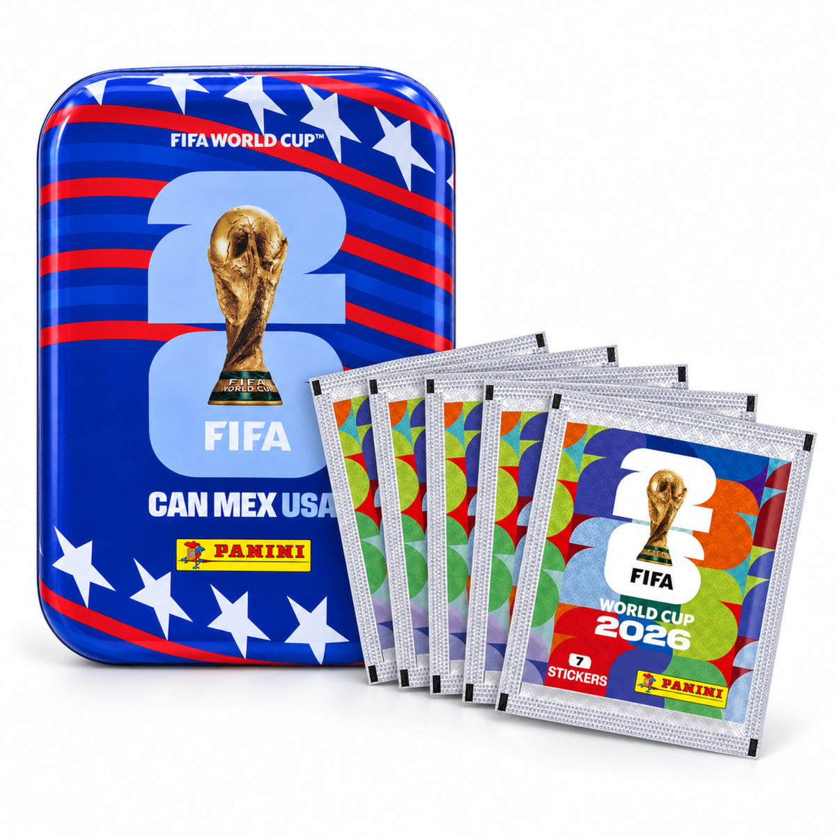 Pack Panini FIFA 2026 : boîte métallique bleue avec cinq pochettes incluses