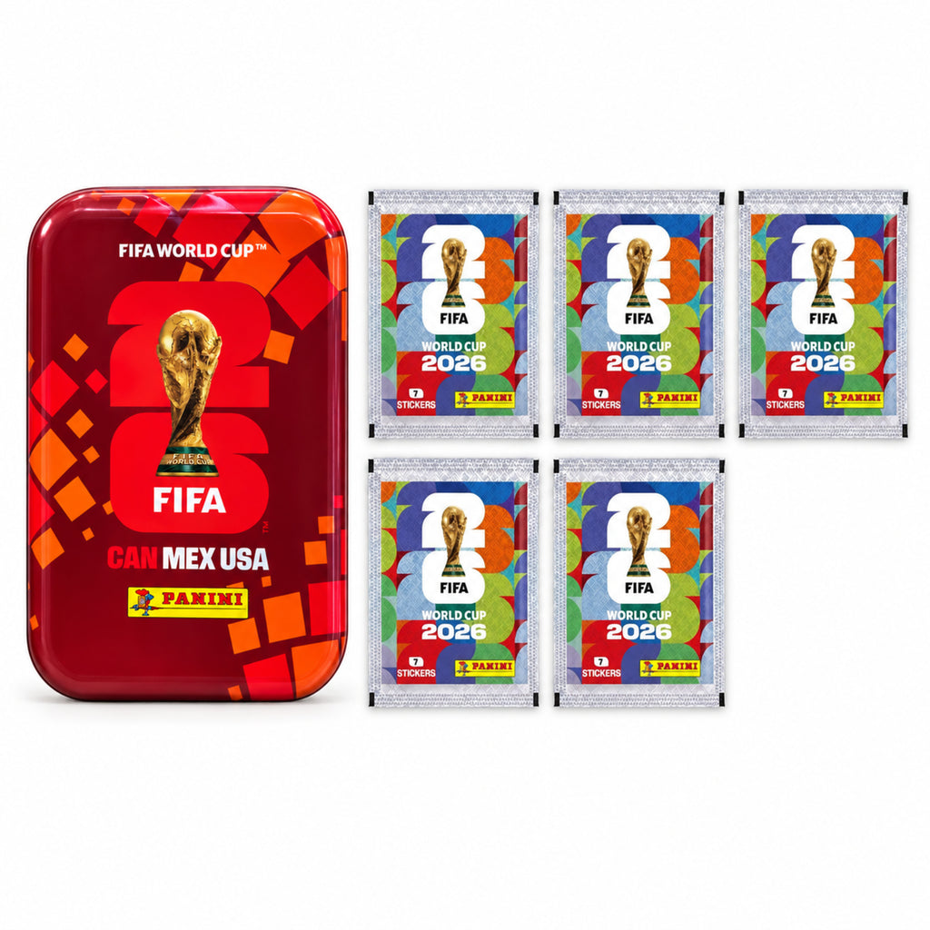 Boîte métallique Panini FIFA 2026 rouge et cinq pochettes incluses