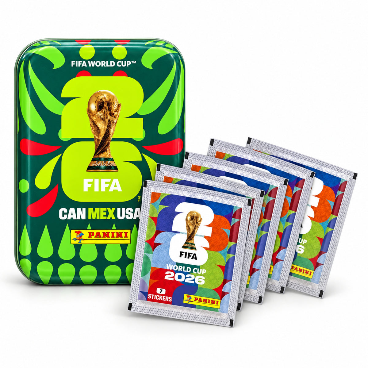 Pack Panini FIFA 2026 : boîte métallique verte avec cinq pochettes incluses