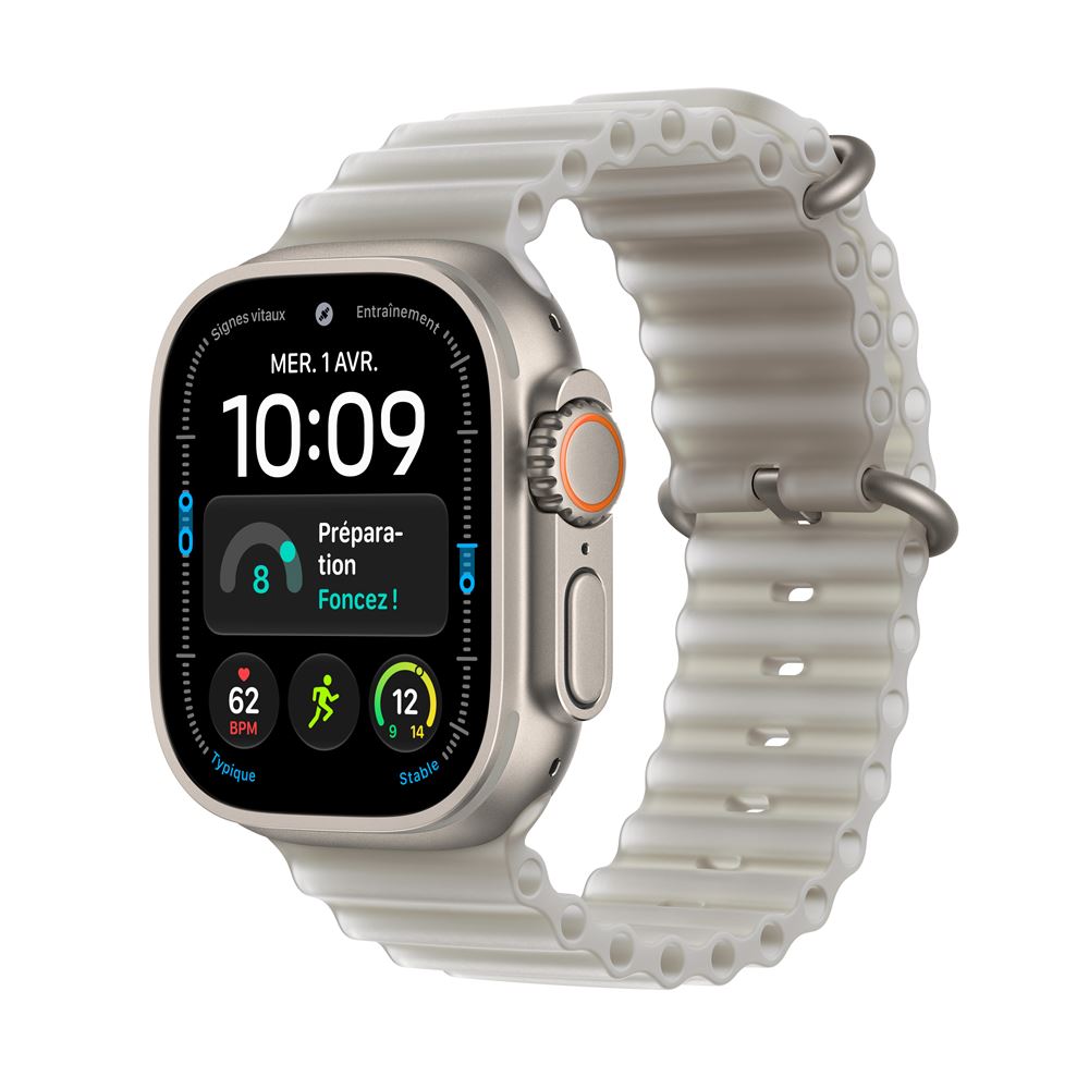 Apple Watch Ultra 4 GPS + Cellular 49 mm Boîtier en titane Naturel avec Bracelet Océan Gris translucide
