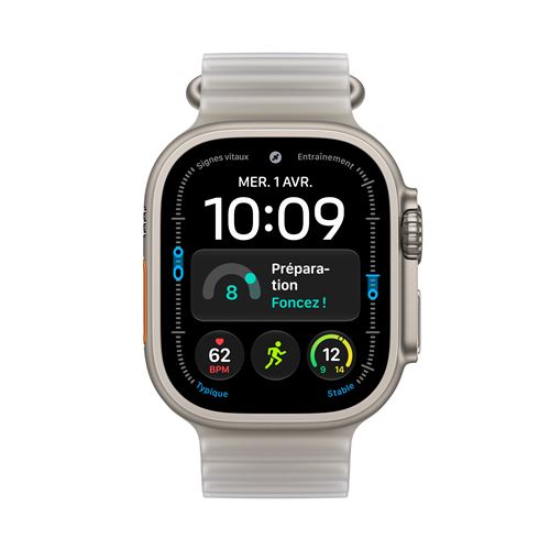 Apple Watch Ultra 4 GPS + Cellular 49 mm Boîtier en titane Naturel avec Bracelet Océan Gris translucide
