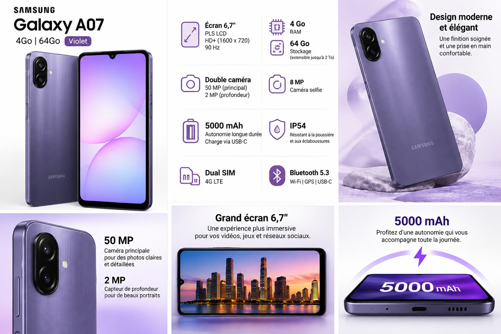 Samsung Galaxy A07 4Go 64Go Violet