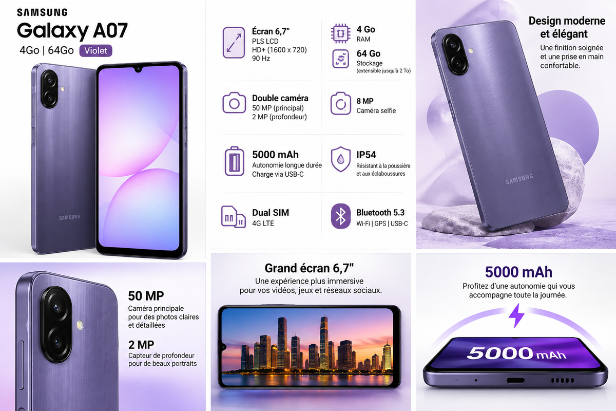 Samsung Galaxy A07 4Go 64Go Violet