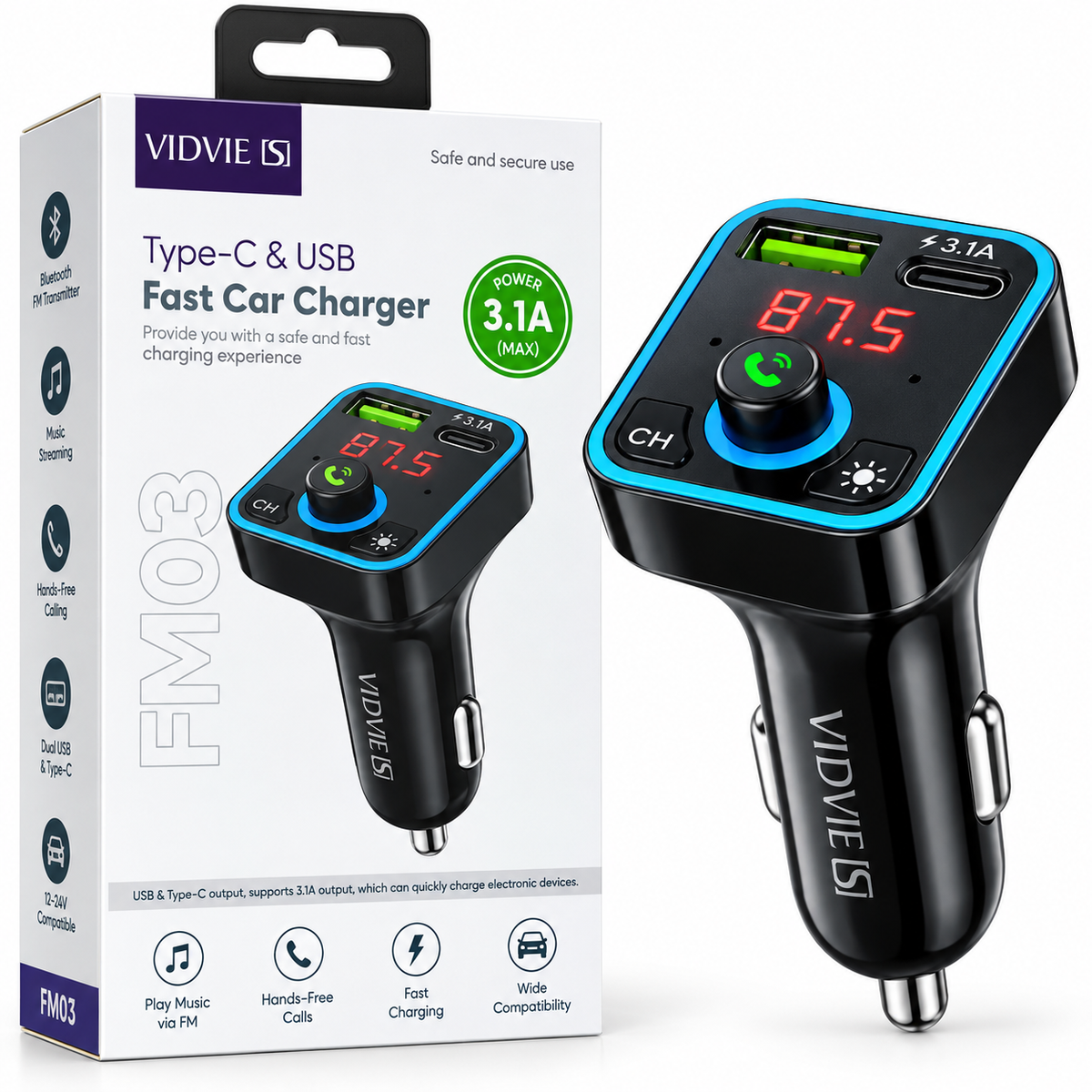 VIDVIE FM03 transmetteur FM Bluetooth et chargeur voiture