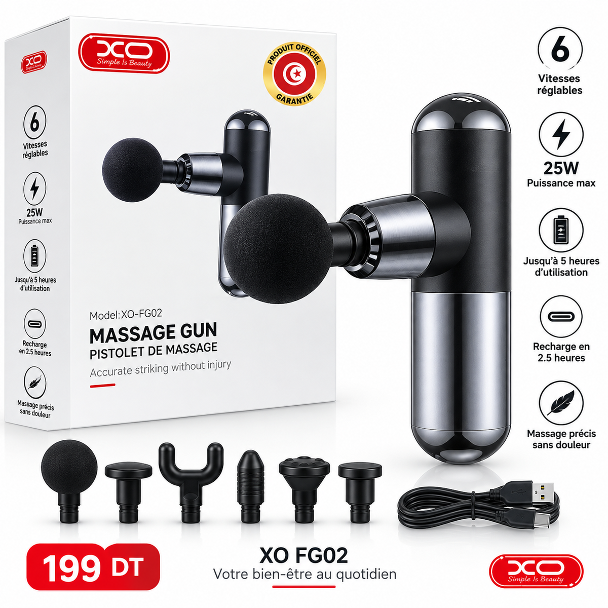 Pistolet de massage XO FG02 6 vitesses 25W